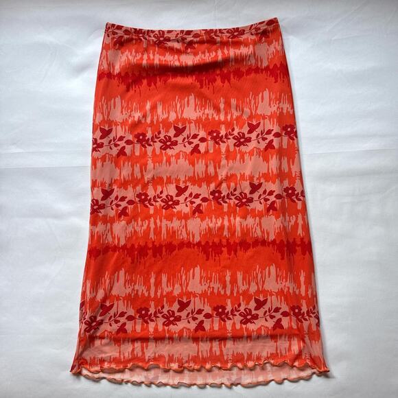 SHEIN Watercolor Floral Midi Skirt Vibrant Red/Pink Boho Cottagecore Vibe Large - Picture 3 of 8